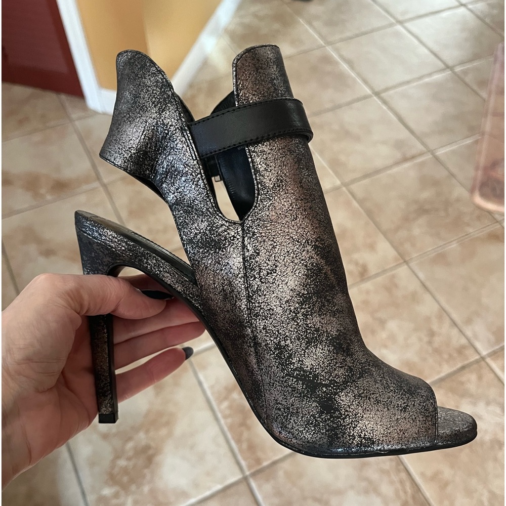BCBG Generation Metallic Grey And Black Open Toe And Back Bootie Size 7.5